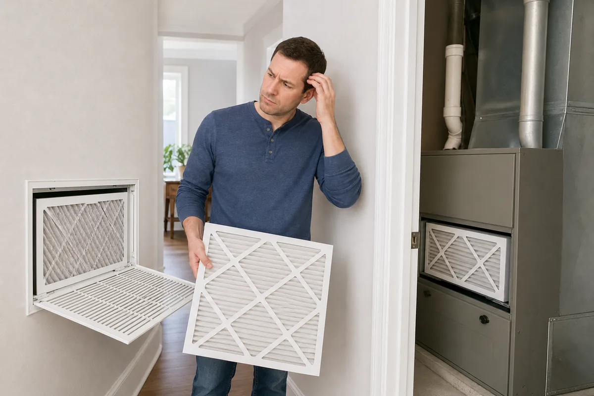 Homeowner comparing a filter at a return grille with another filter at an accessible furnace slot.