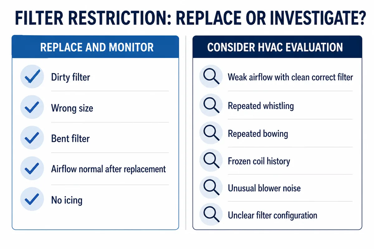 Decision guide showing when to replace and monitor an HVAC filter and when to consider professional airflow evaluation.
