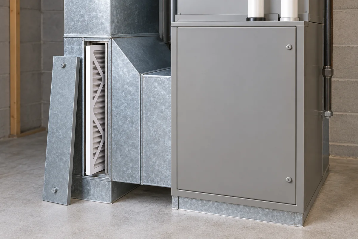 A narrow removable filter-slot cover beside a much larger closed furnace service panel.