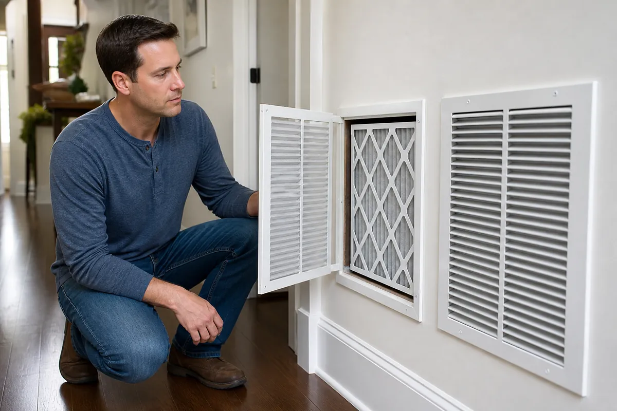 Homeowner comparing a filtered return grille with a separate unfiltered return grille in a hallway.