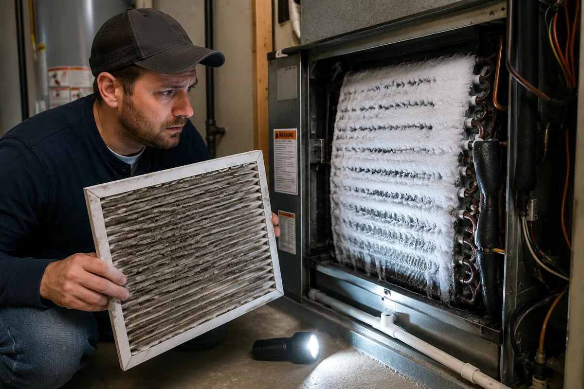 Homeowner holding a dirty HVAC filter near an indoor air handler with frost visible around the AC coil area.