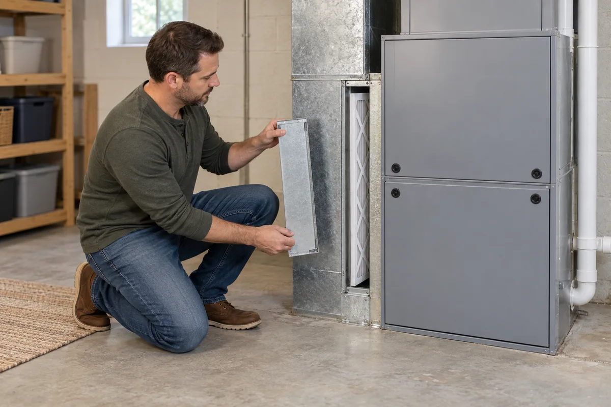 A homeowner holding the removable cover beside an accessible furnace filter slot.