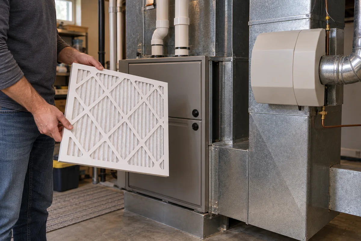 A homeowner holding a pleated HVAC air filter beside a separate whole-house humidifier cabinet.