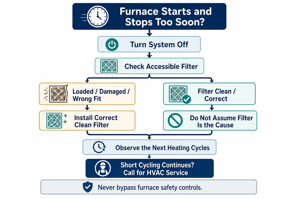 Decision guide for turning the system off, checking the accessible filter, installing a correct clean replacement when needed, and calling for service if short cycling continues.