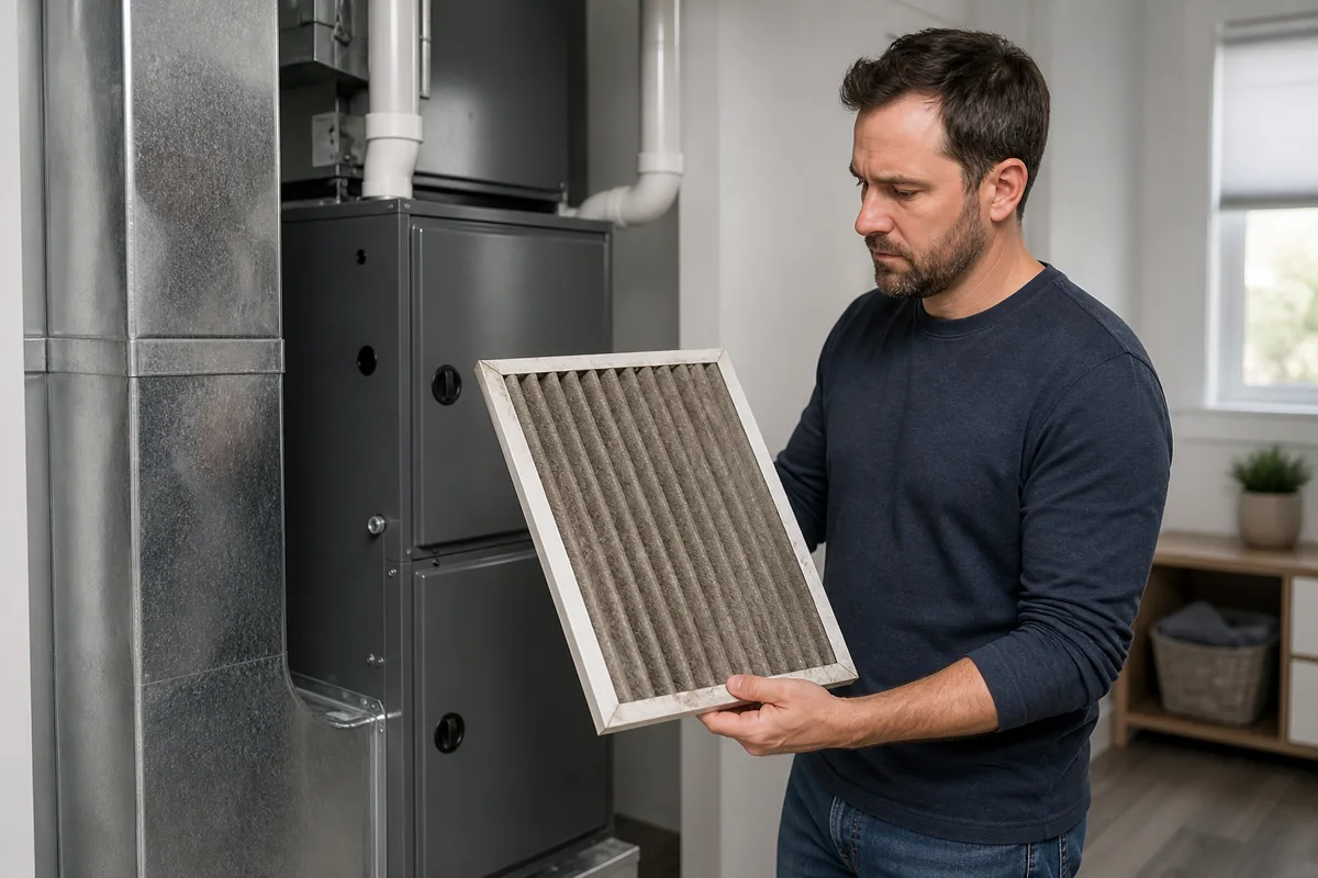 Homeowner safely inspecting a loaded pleated filter beside a closed furnace cabinet.