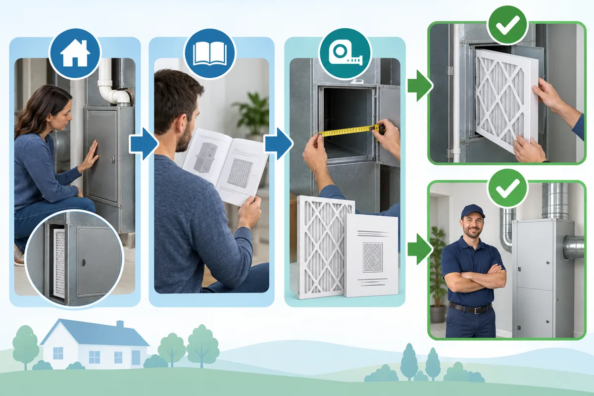 Decision path showing a homeowner identify the filter location, check documentation and dimensions, then use a compatible ordinary filter or seek help for dedicated HEPA equipment.