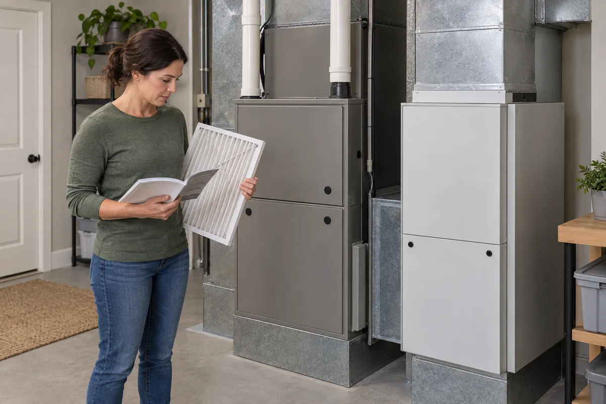 Homeowner comparing an ordinary pleated HVAC filter with documentation beside central equipment and a separate filtration cabinet.