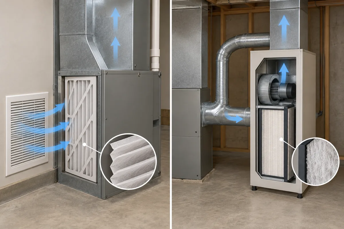 Comparison of an ordinary pleated filter in a standard return rack and a separate purpose-built HEPA cabinet with its own enclosed blower.