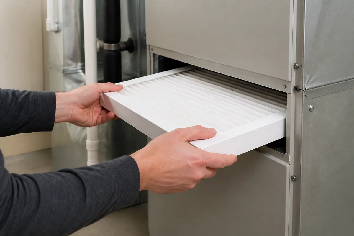 Homeowner sliding a clean pleated HVAC filter squarely into a residential filter slot without forcing the frame.