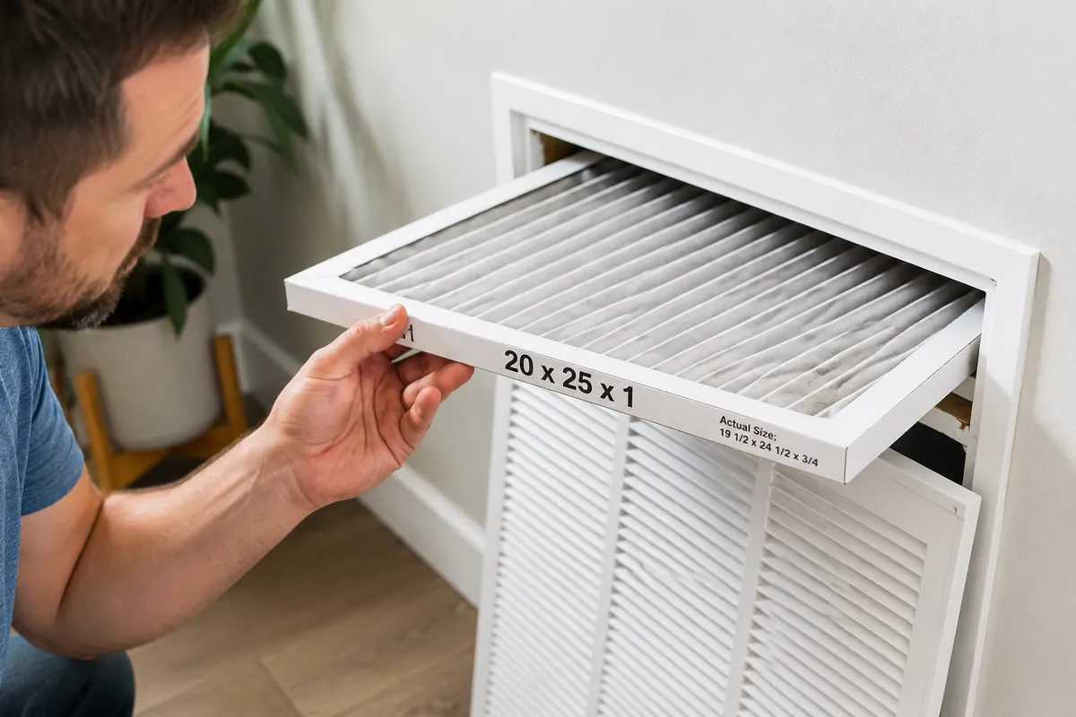 Homeowner removing an HVAC filter from a wall return grille while checking the printed 20 by 25 by 1 size on the frame.