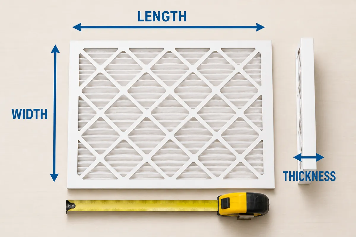 Overhead diagram showing how to measure an HVAC filter's length, width, and thickness with a tape measure.