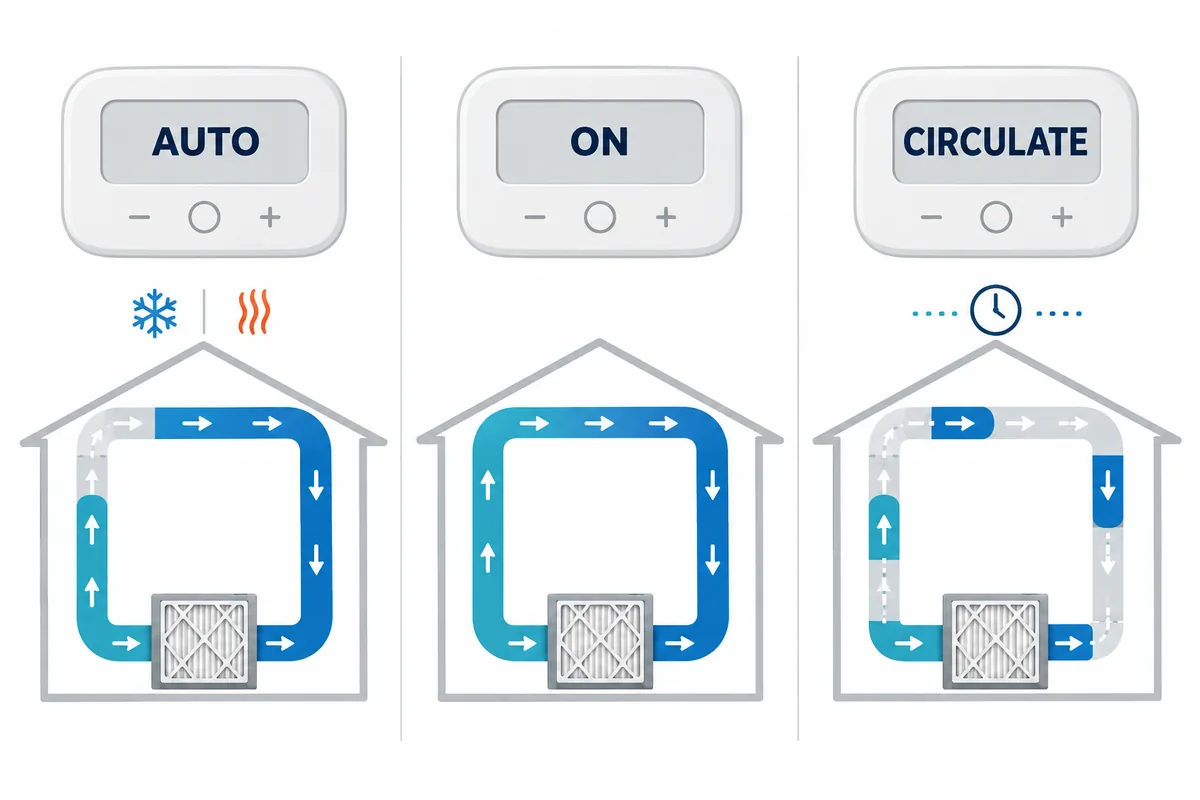 Conceptual comparison of AUTO, ON, and CIRCULATE HVAC fan modes moving air through a filter at different times.
