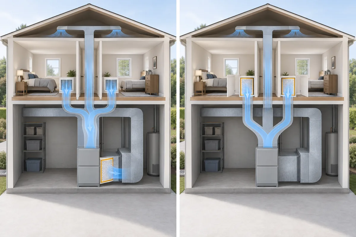 Two example central HVAC layouts: one with a central return filter and one with separate filters at return grilles.