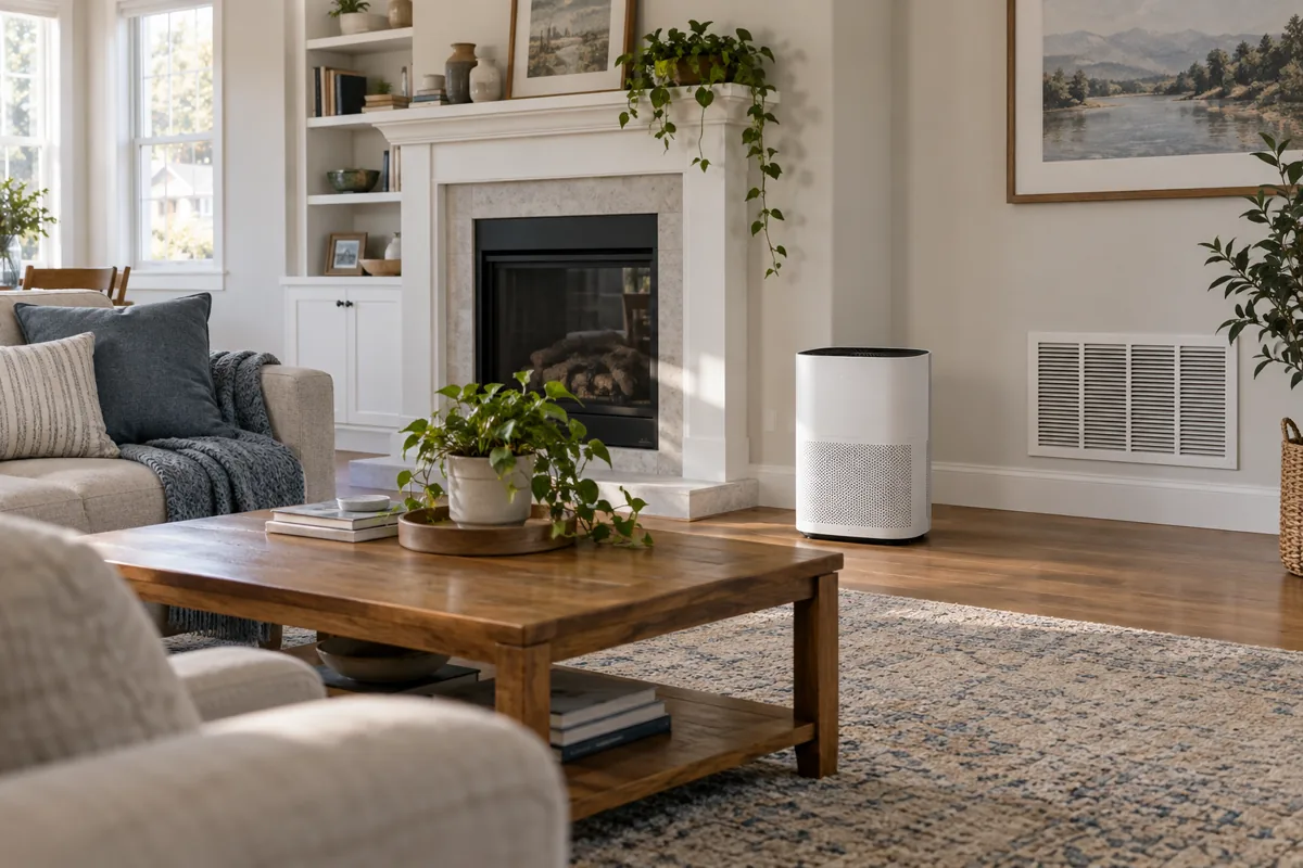 A portable room air cleaner beside a central HVAC return grille in a living room.