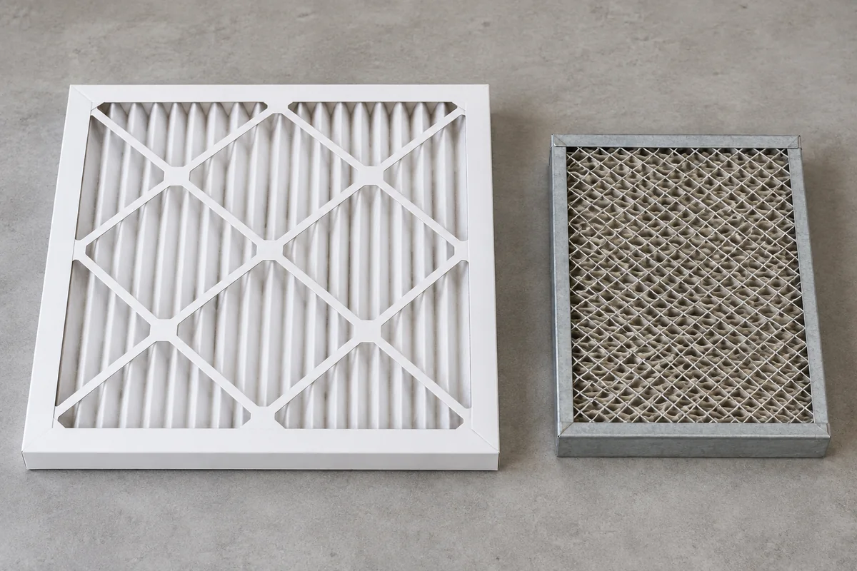 A clean pleated HVAC air filter beside a separate evaporative humidifier water panel.