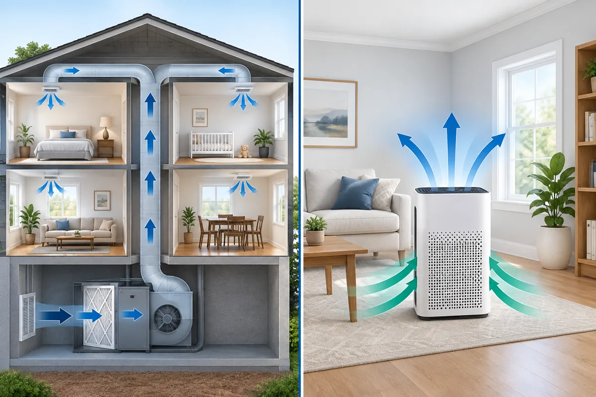 Conceptual comparison of central HVAC airflow through a system filter and room air circulating through a portable air cleaner.