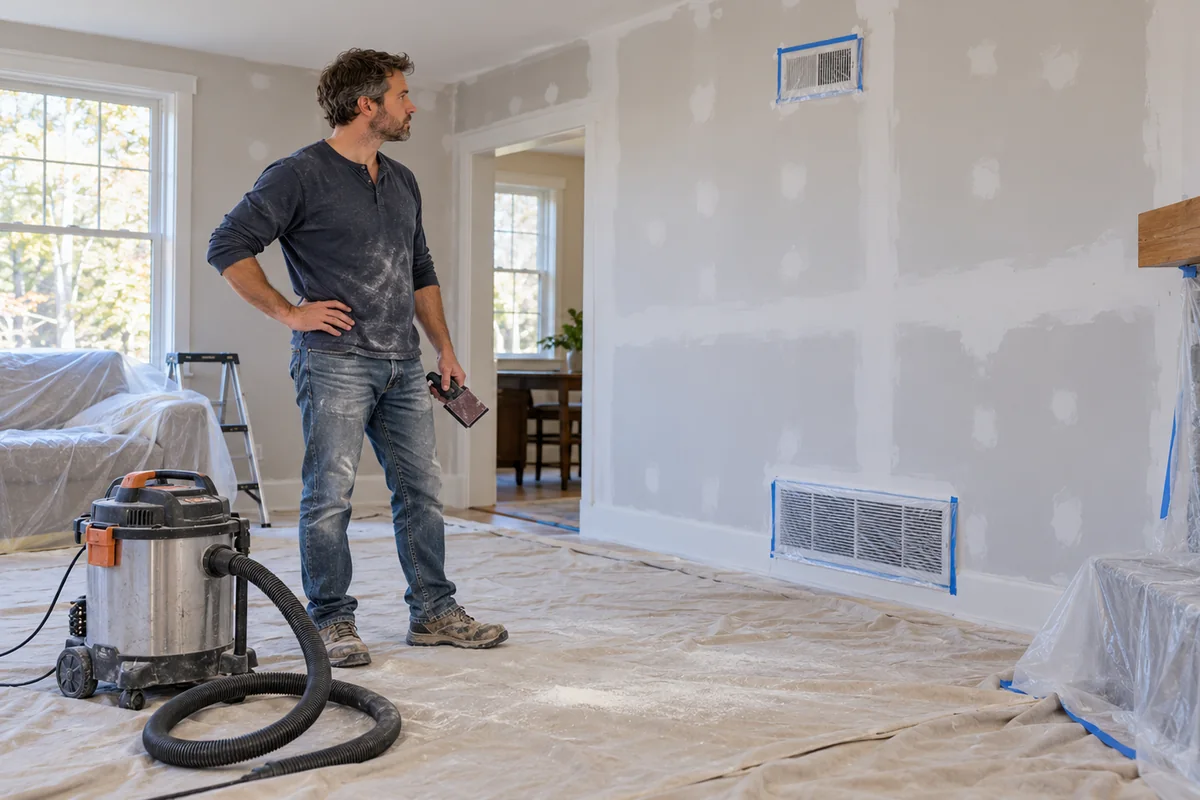A homeowner preparing for dusty wall work in a room with protected HVAC openings and a shop vacuum.