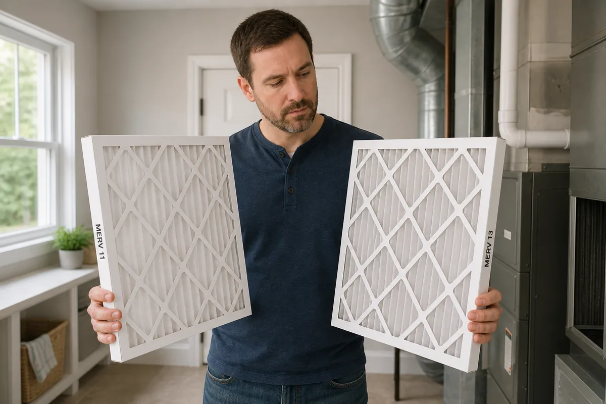 Homeowner comparing clean MERV 11 and MERV 13 pleated HVAC filters in a residential utility room.