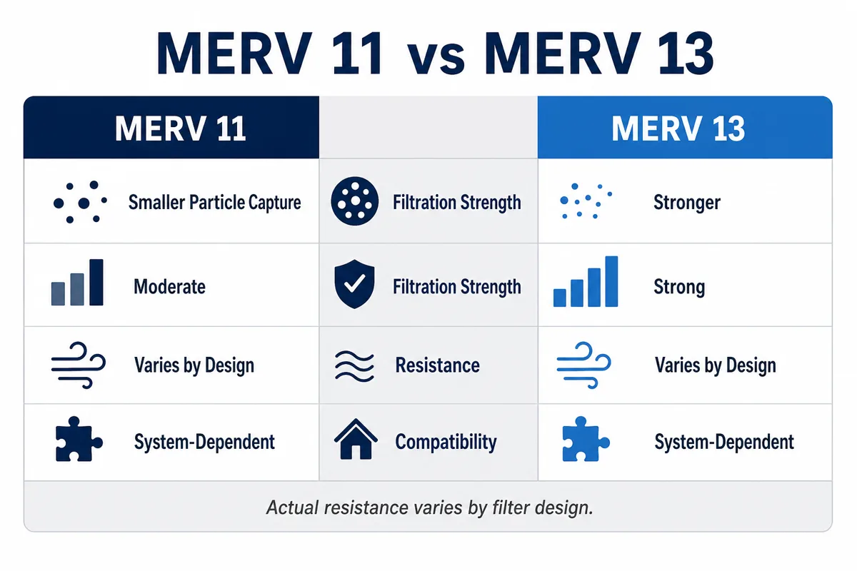 Infographic comparing MERV 11 and MERV 13 particle capture, filtration strength, resistance, and compatibility.