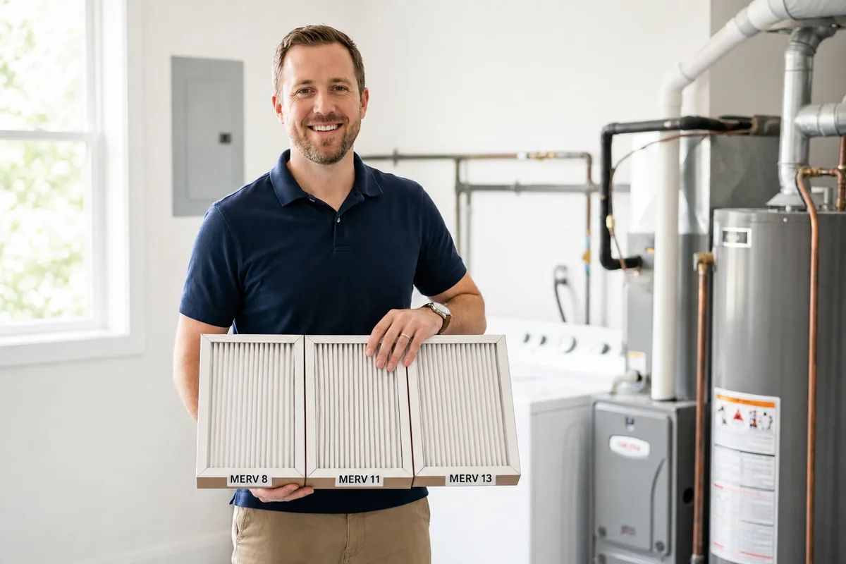 Homeowner holding three clean pleated HVAC filters labeled MERV 8, MERV 11, and MERV 13.