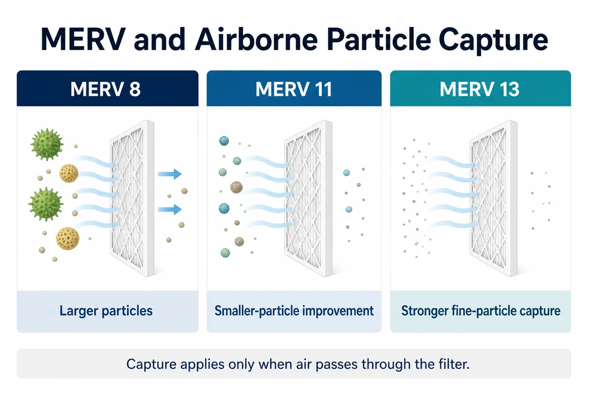 Infographic comparing MERV 8 basic particles filtration, MERV 11 as a balanced choice for many allergy-focused homes, and MERV 13 for finer particle capture when compatible.