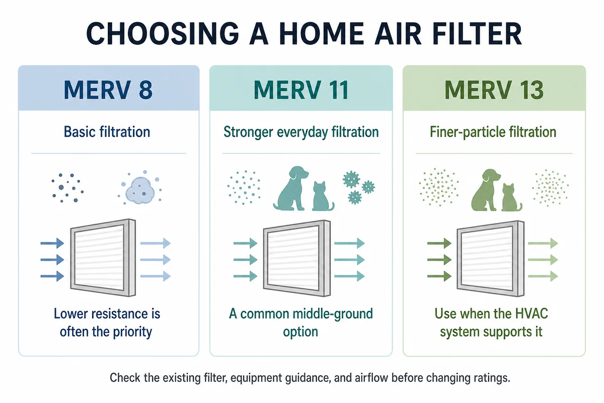 Three-column guide comparing basic MERV 8 filtration, MERV 11 everyday filtration, and MERV 13 finer-particle filtration when supported.