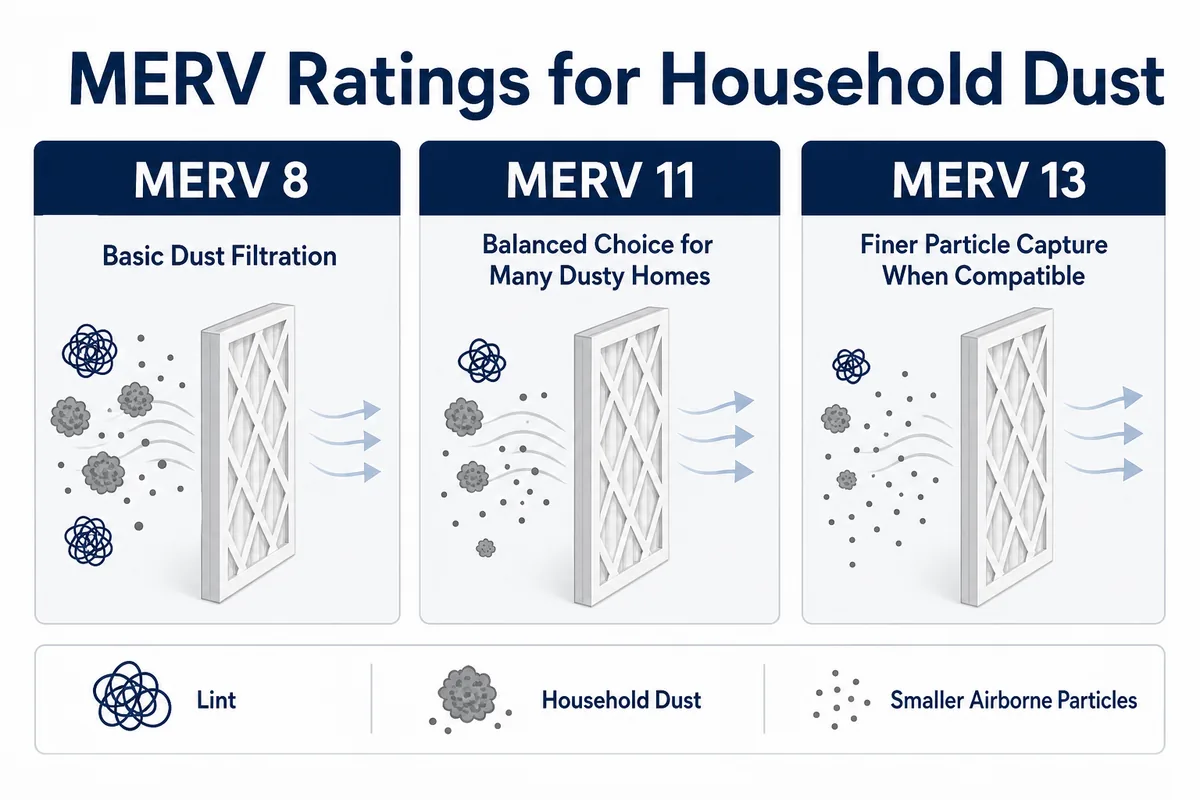 Infographic comparing MERV 8 basic dust filtration, MERV 11 as a balanced choice for many dusty homes, and MERV 13 for finer particle capture when compatible.