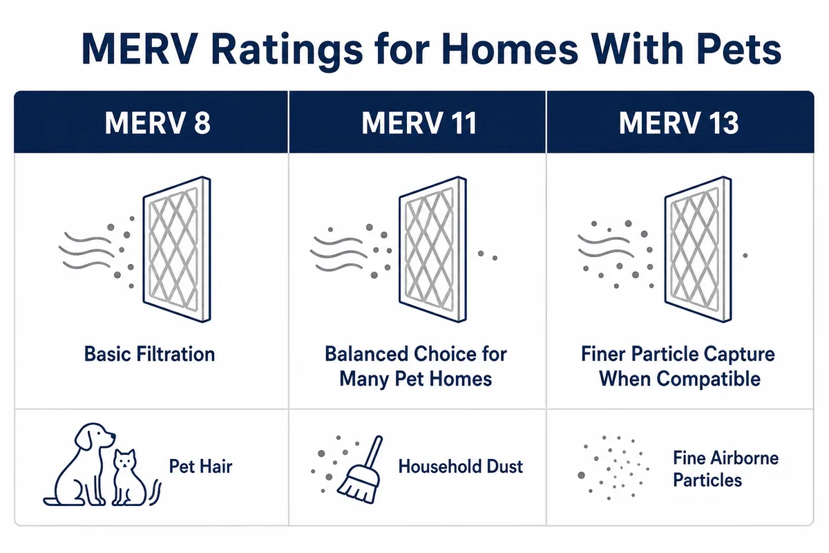 Comparison graphic showing MERV 8 for basic filtration, MERV 11 as a balanced choice for many pet homes, and MERV 13 for finer particle capture when compatible.