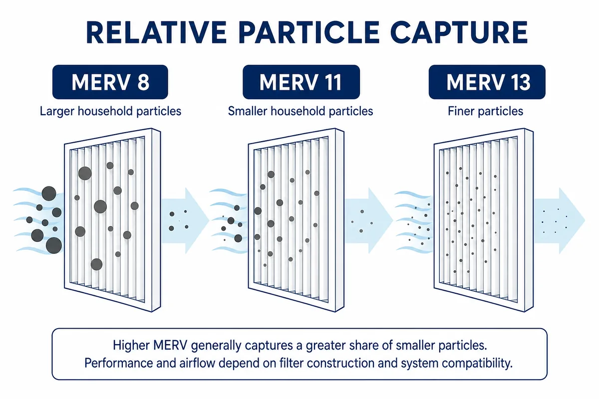 Diagram comparing the relative particle capture of MERV 8, MERV 11, and MERV 13 residential filters.