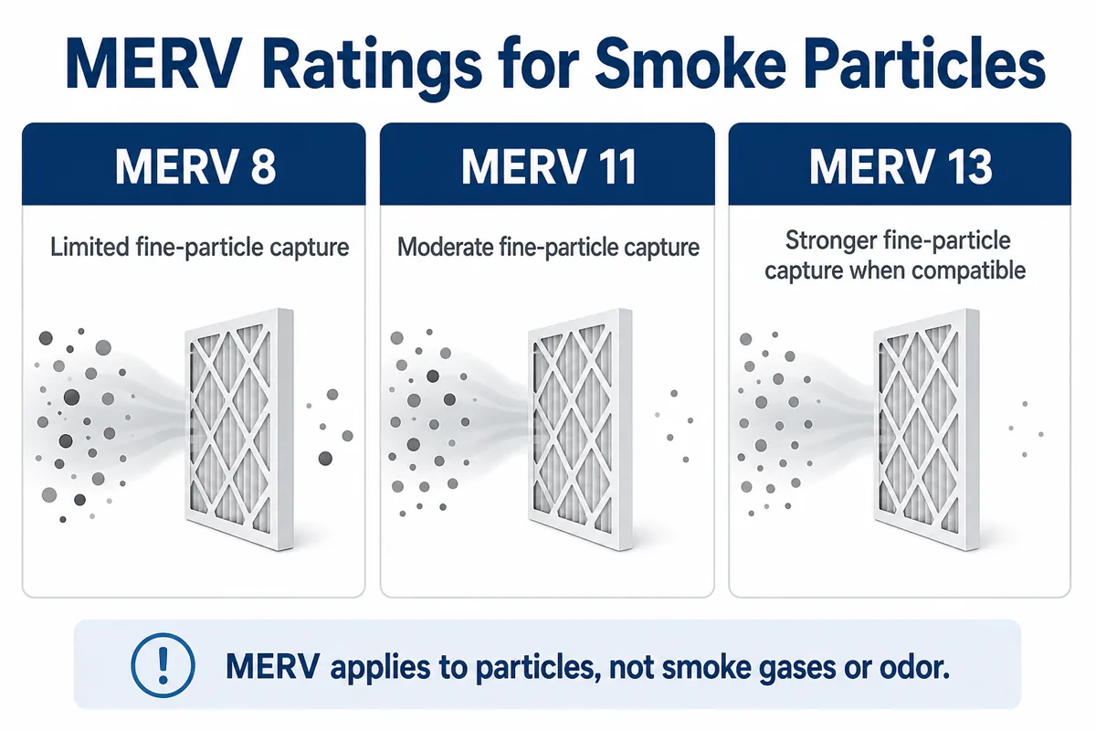 Comparison showing limited, moderate, and stronger relative fine smoke-particle capture for MERV 8, MERV 11, and MERV 13.