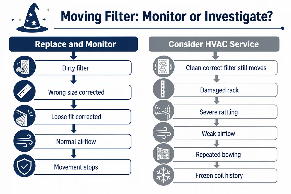 Decision guide comparing when to replace and monitor a moving filter and when to consider HVAC service.
