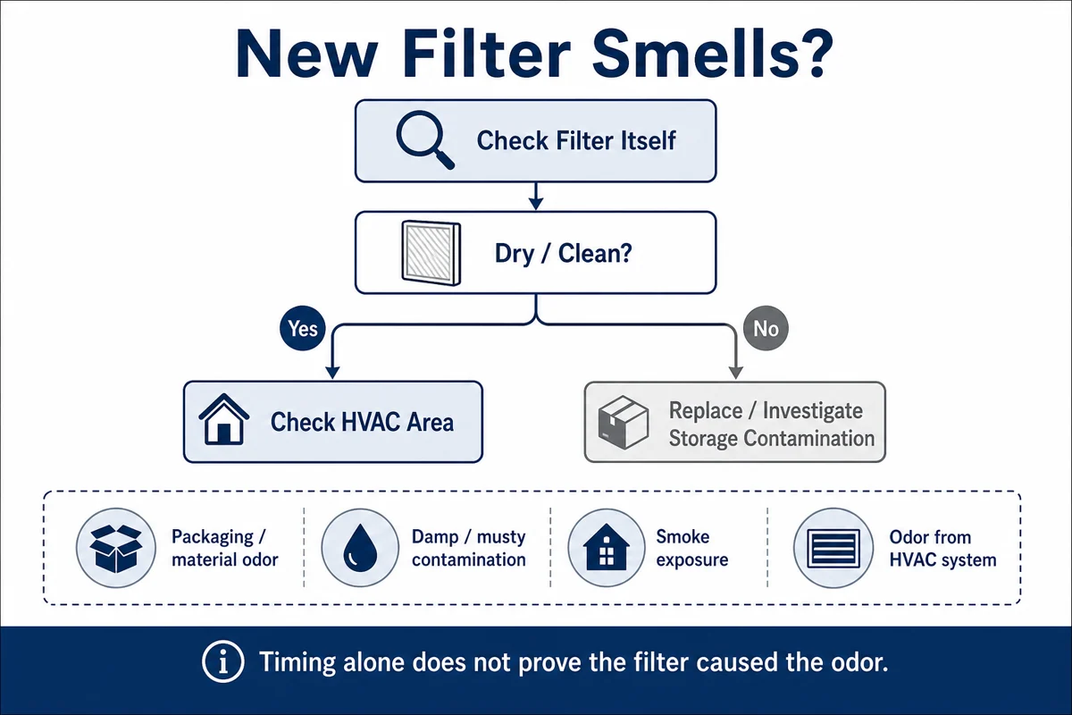 Decision guide for checking whether a new filter is dry and clean before investigating storage contamination or another HVAC-area odor source.