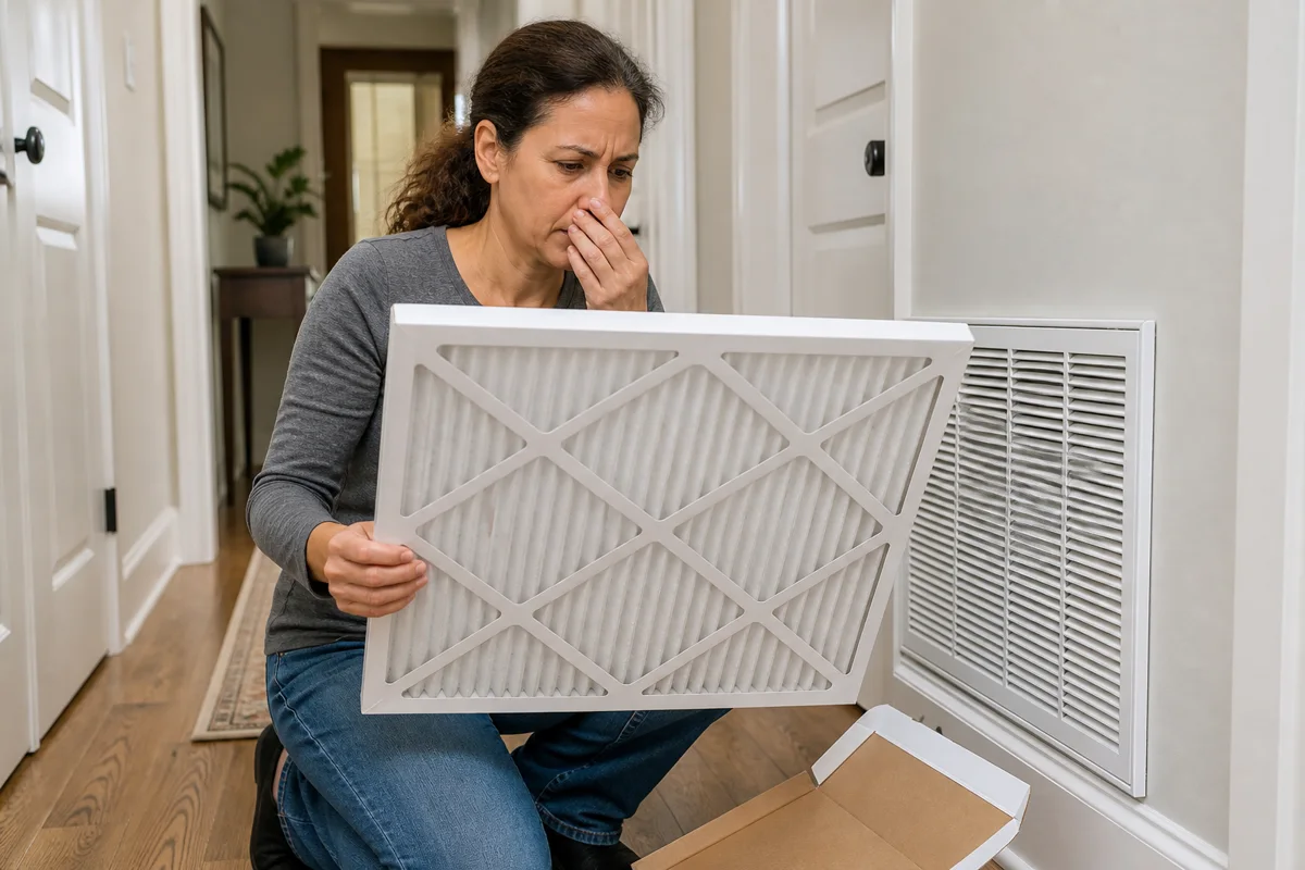 Homeowner inspecting a clean new pleated HVAC filter beside a return grille and opened packaging.