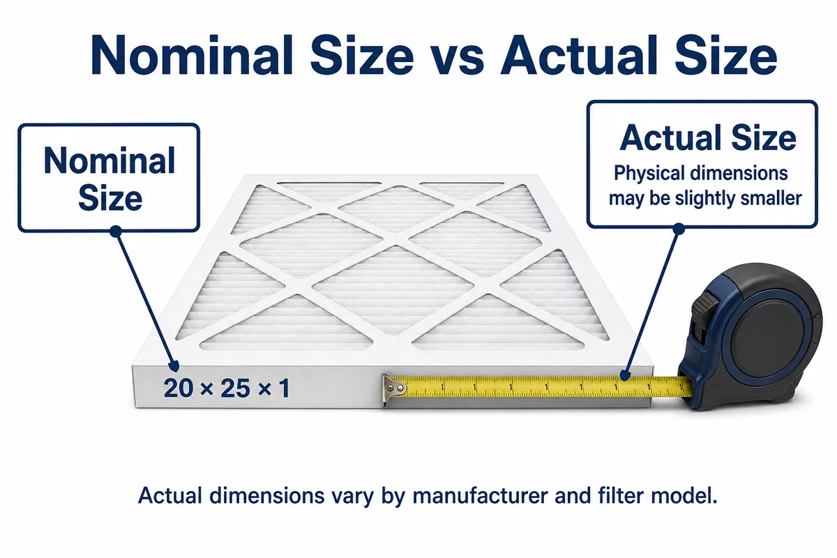 Diagram distinguishing a filter's printed nominal size from its measured actual physical size.