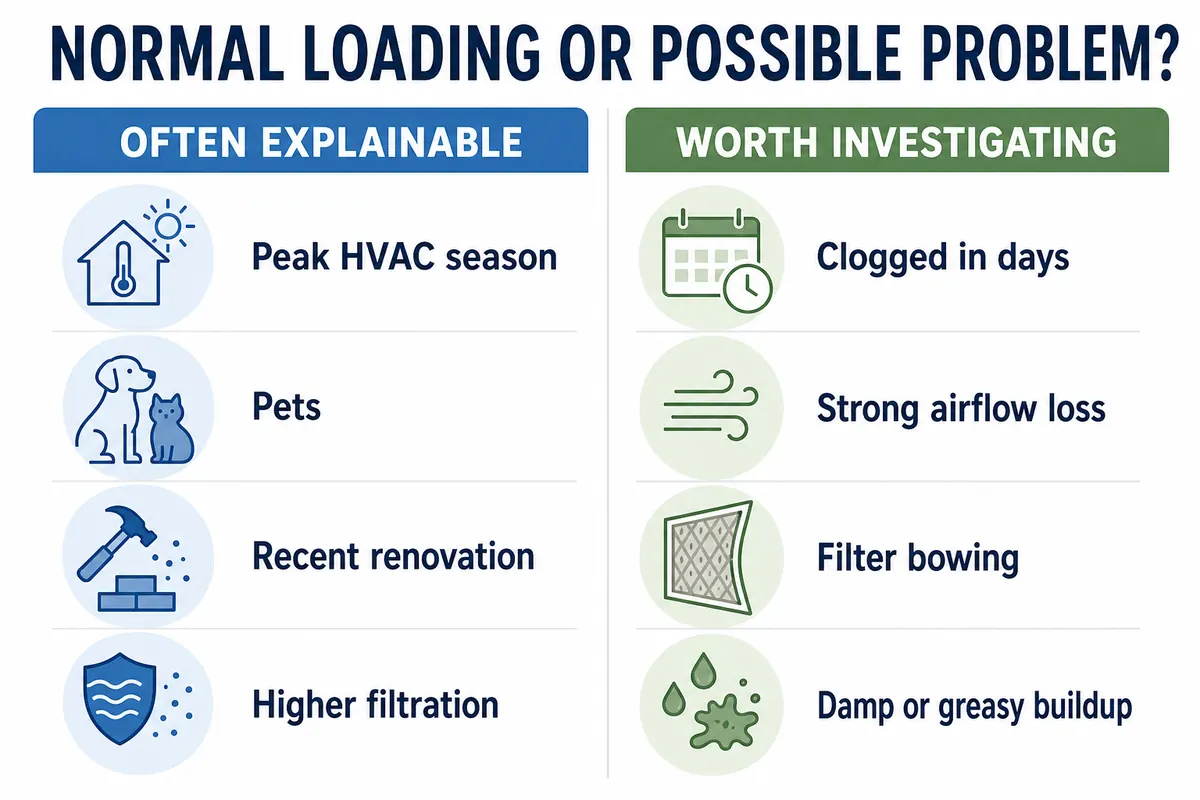 Comparison graphic showing often explainable filter loading and conditions worth investigating, including severe loading in days, airflow loss, bowing, and damp or greasy buildup.