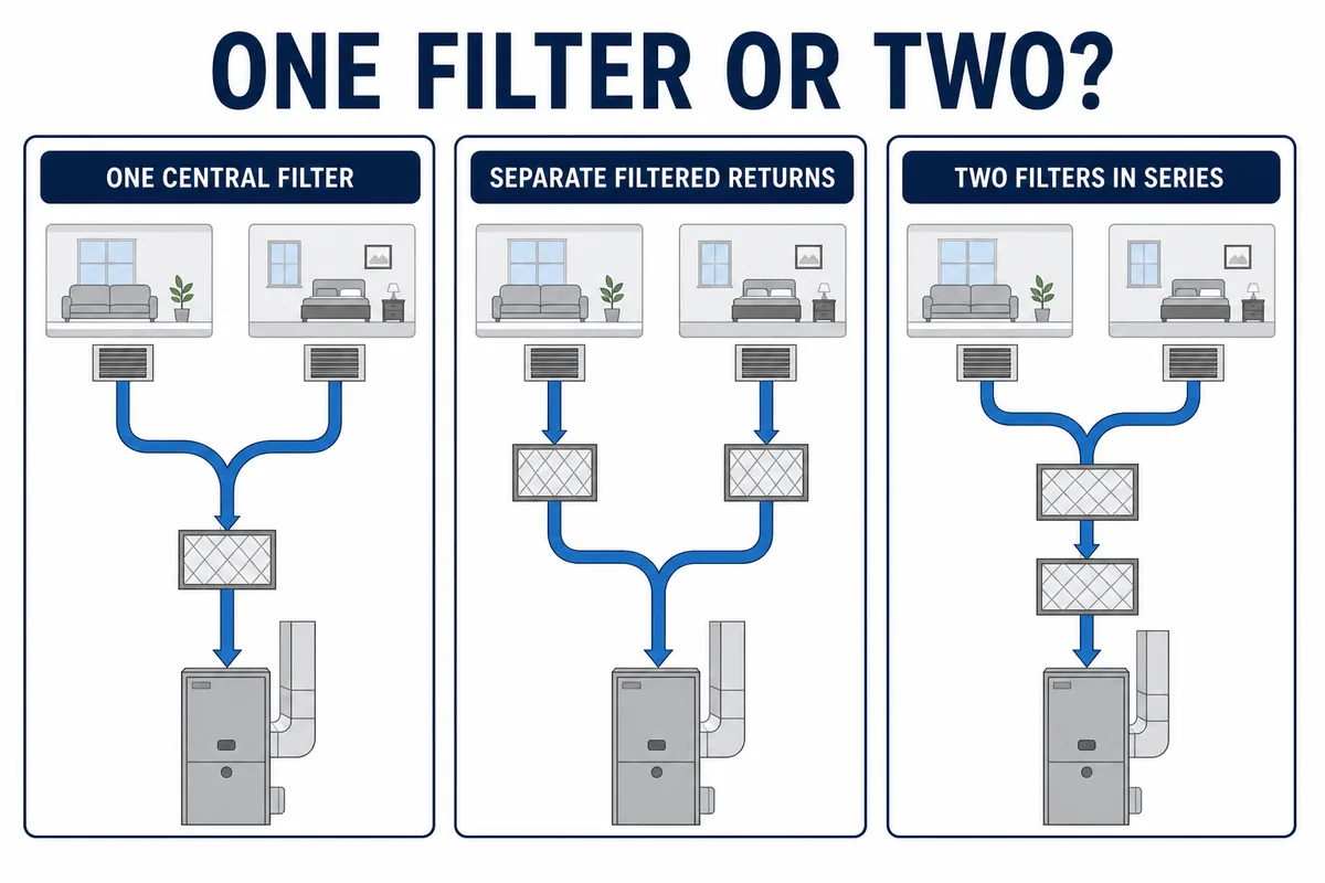 Diagram comparing one central filter, separate filtered return paths, and two filters in series.