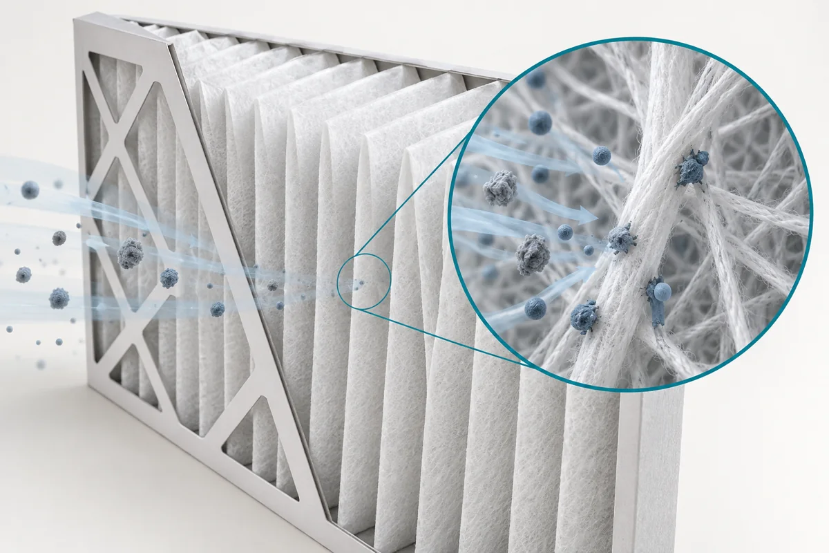 A pleated HVAC filter with a magnified view of particles collecting on charged media fibers.