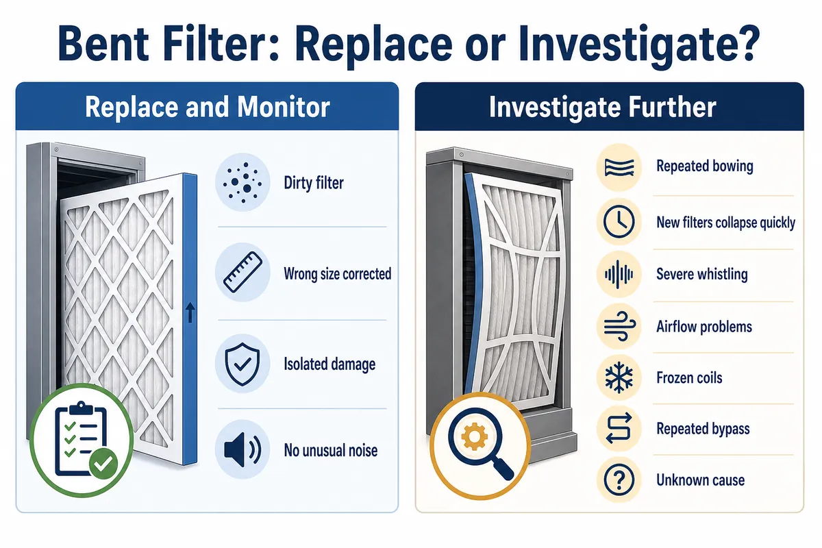 Decision guide comparing when to replace a bent HVAC filter and monitor it with conditions that deserve further investigation.