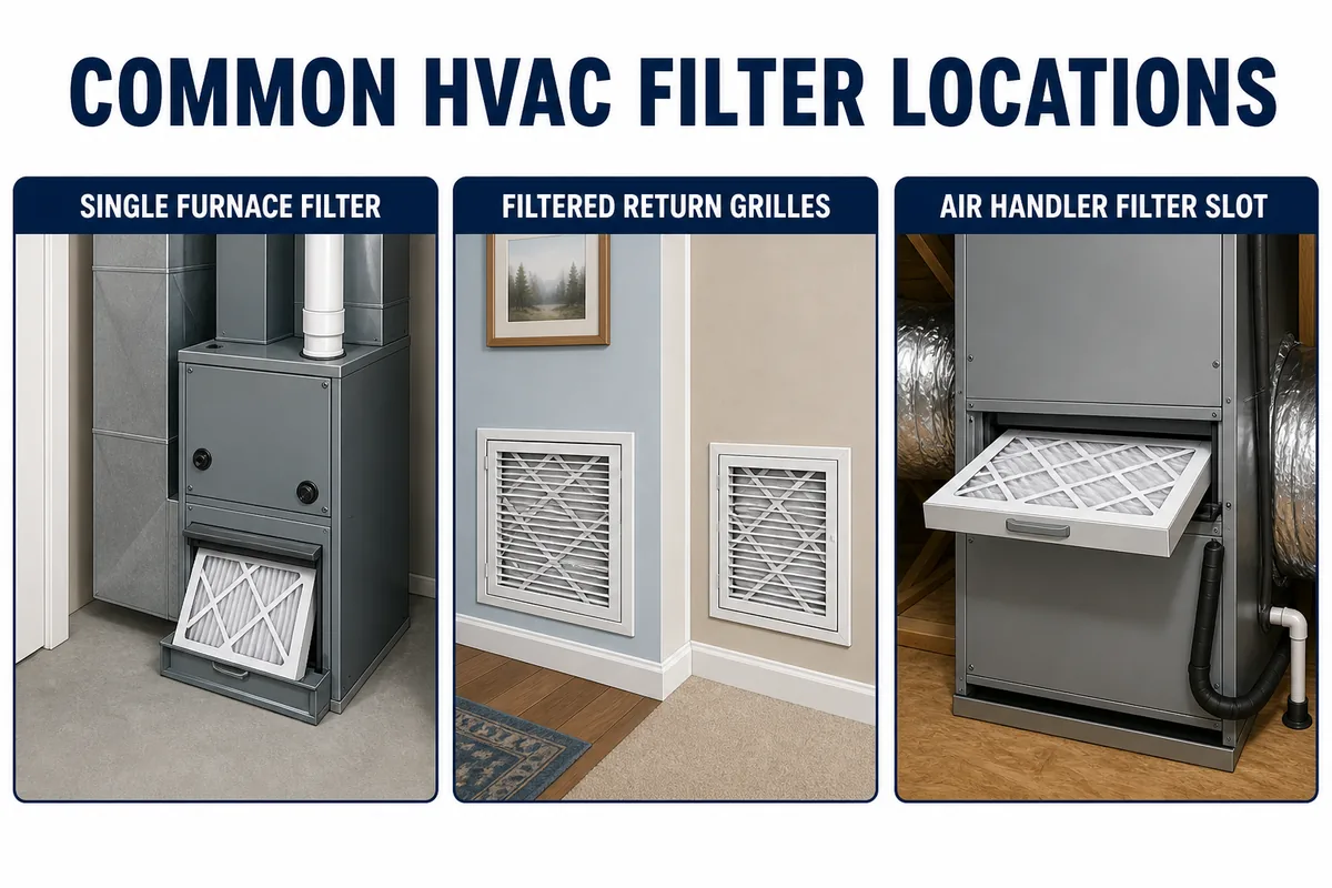 Infographic showing a single furnace filter, filtered return grilles, and an air-handler filter slot.