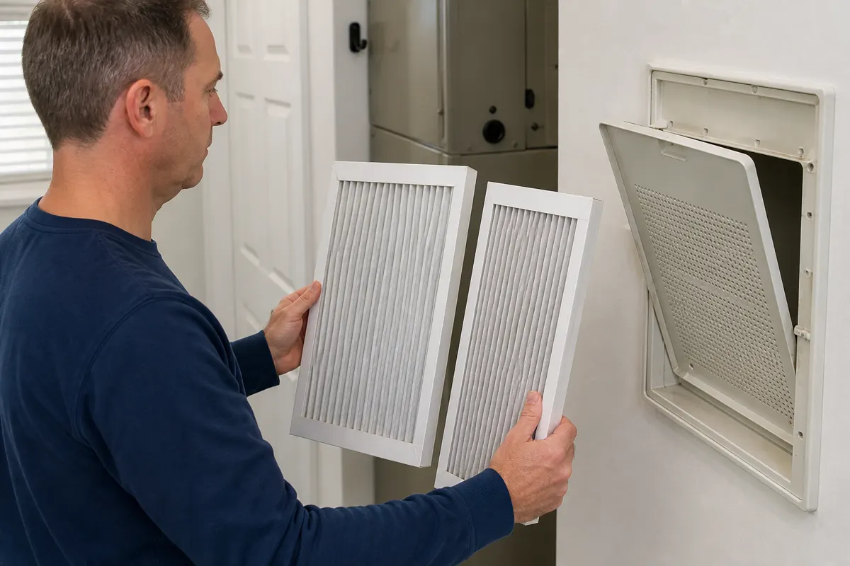Homeowner comparing two similar pleated HVAC filters beside an accessible wall return filter grille.