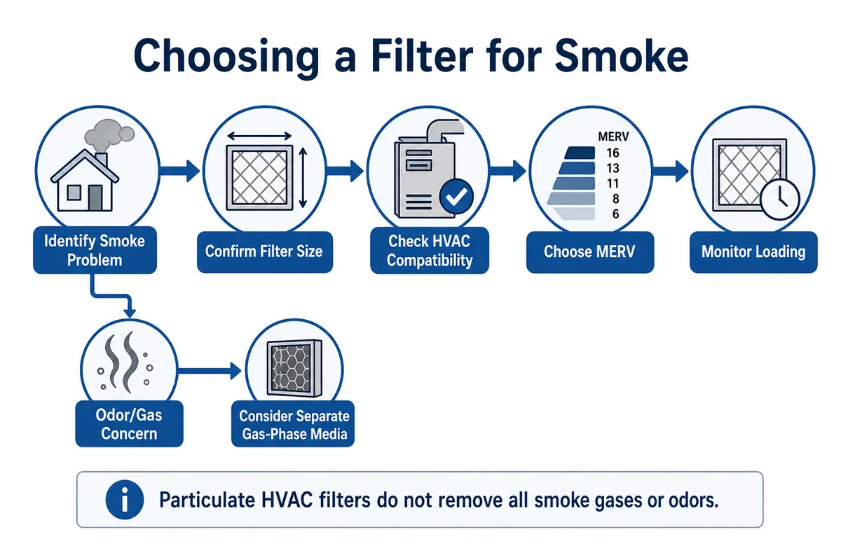 Decision guide showing smoke-source identification, size confirmation, HVAC compatibility, MERV choice, loading checks, and a separate gas-media branch for odor concerns.