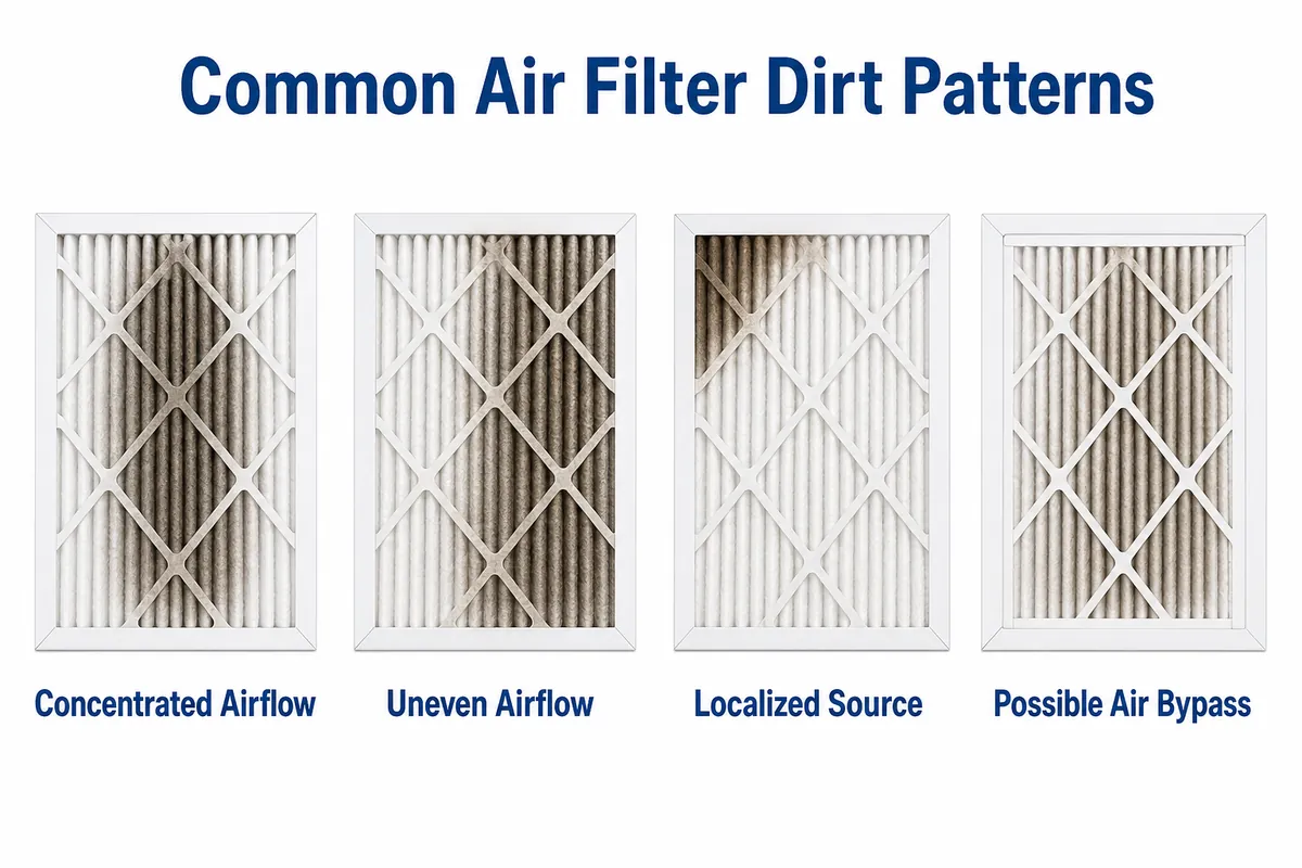 Infographic showing center loading, one-sided loading, a dark corner, and possible clean bypass gaps on HVAC filters.