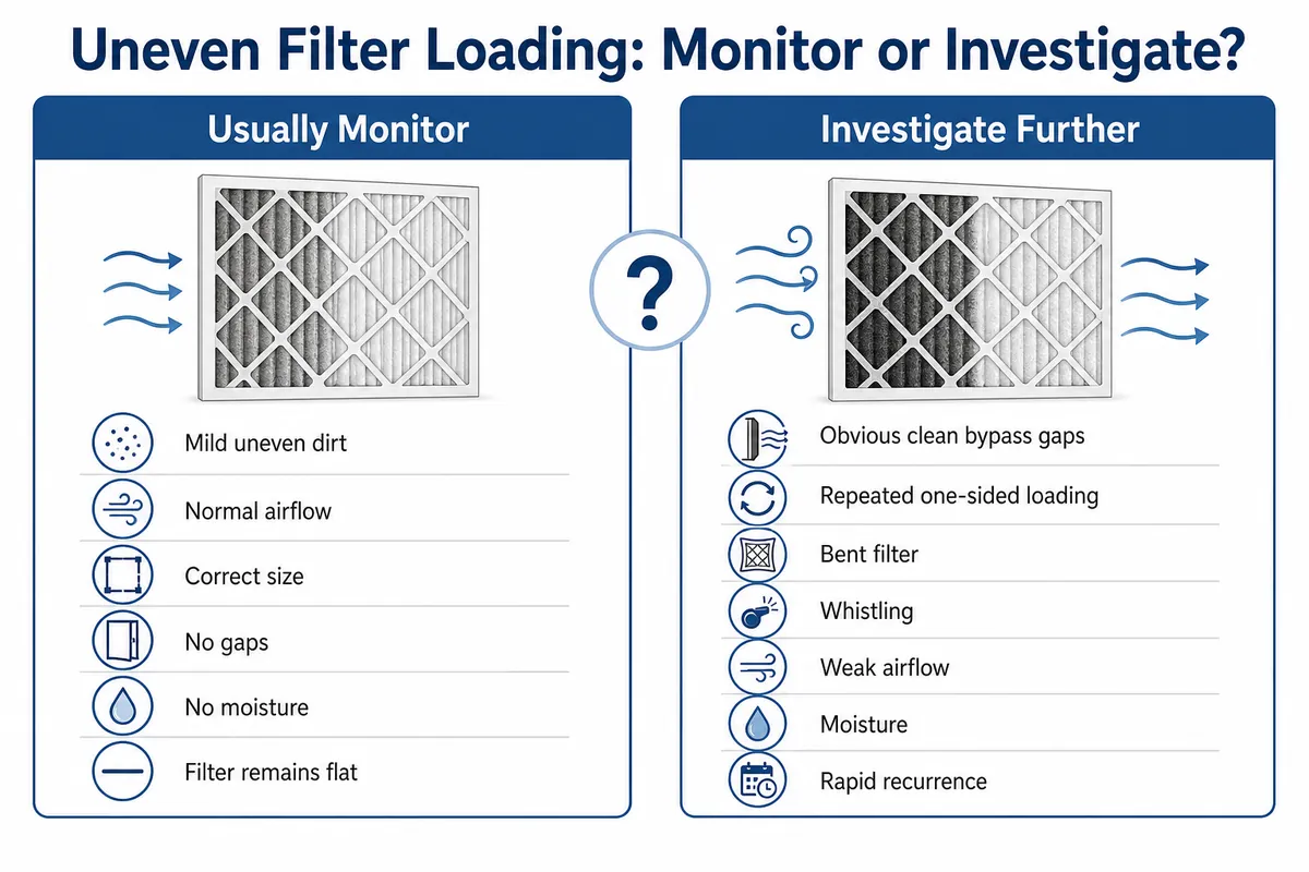 Decision guide listing mild uneven loading to monitor and recurring bypass, deformation, noise, weak airflow, or moisture to investigate.