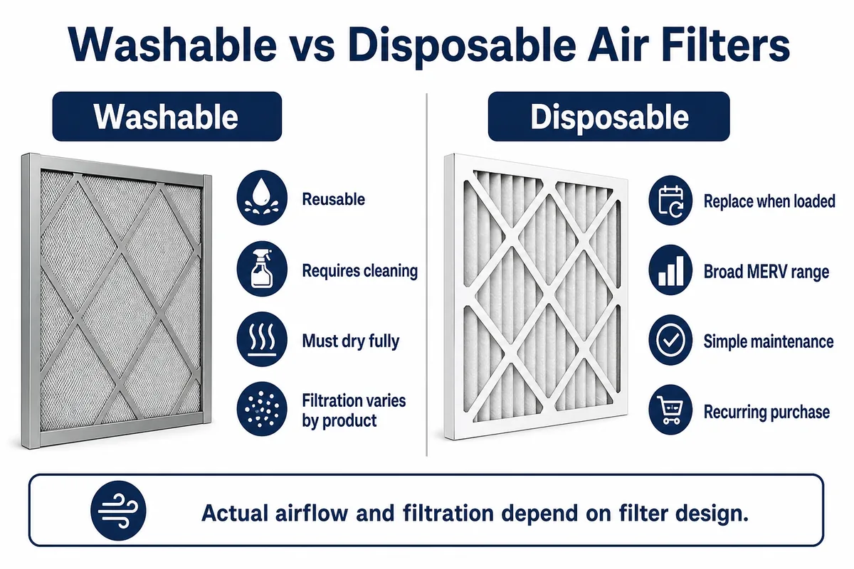 Infographic comparing washable and disposable HVAC filters by reuse, cleaning, drying, MERV range, and maintenance.