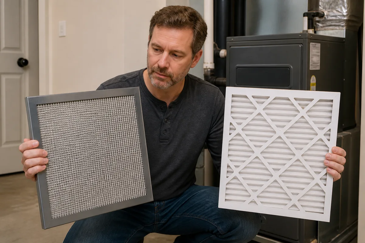 Homeowner comparing a rigid washable HVAC filter with a white disposable pleated filter beside a furnace.