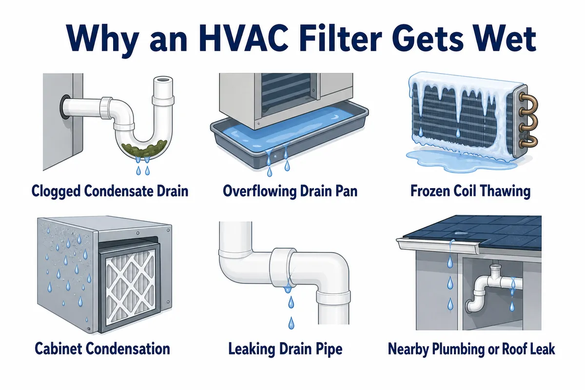 Infographic showing six causes of a wet HVAC filter: a clogged condensate drain, overflowing drain pan, thawing frozen coil, cabinet condensation, leaking drain pipe, and nearby plumbing or roof leak.