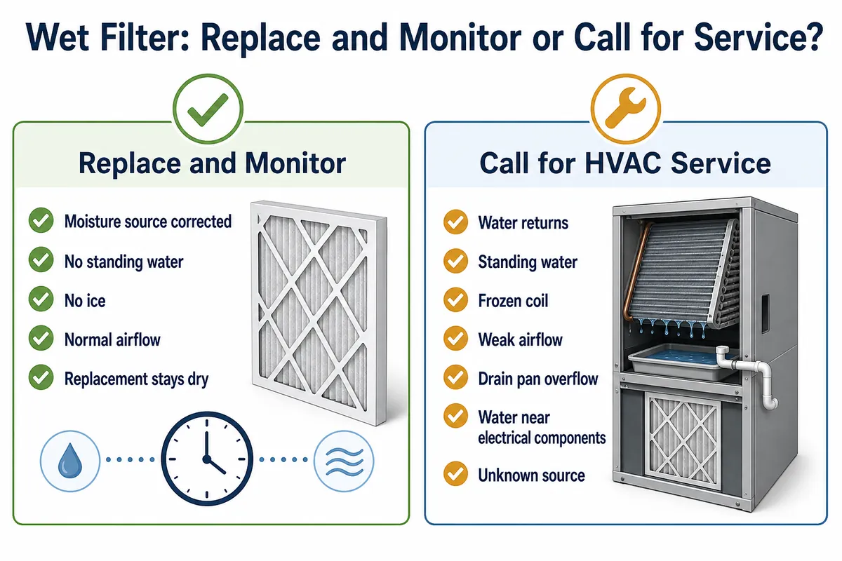 Decision guide comparing when to replace a wet filter and monitor it with conditions that call for HVAC service.