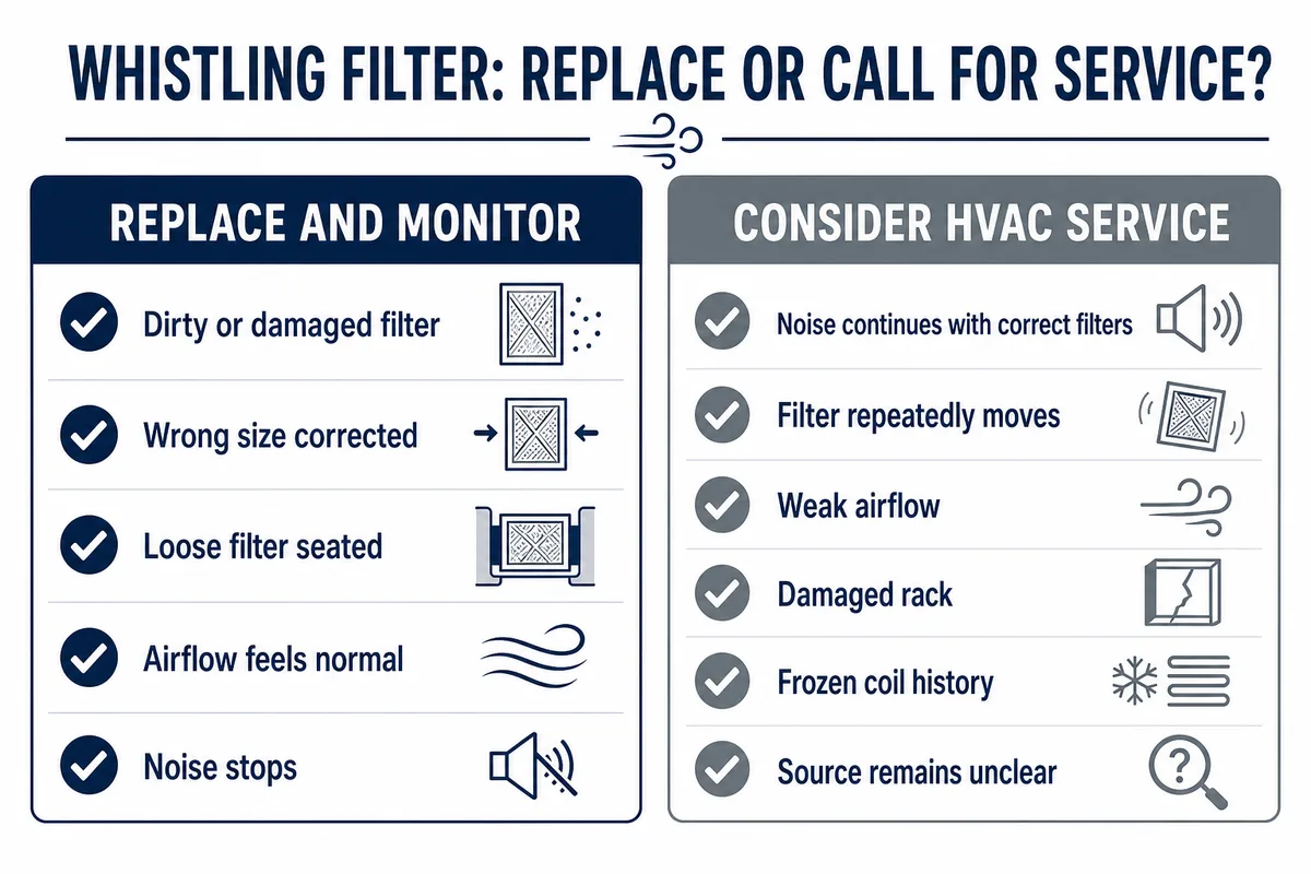 Decision guide comparing when to replace and monitor a whistling filter with when to consider HVAC service.