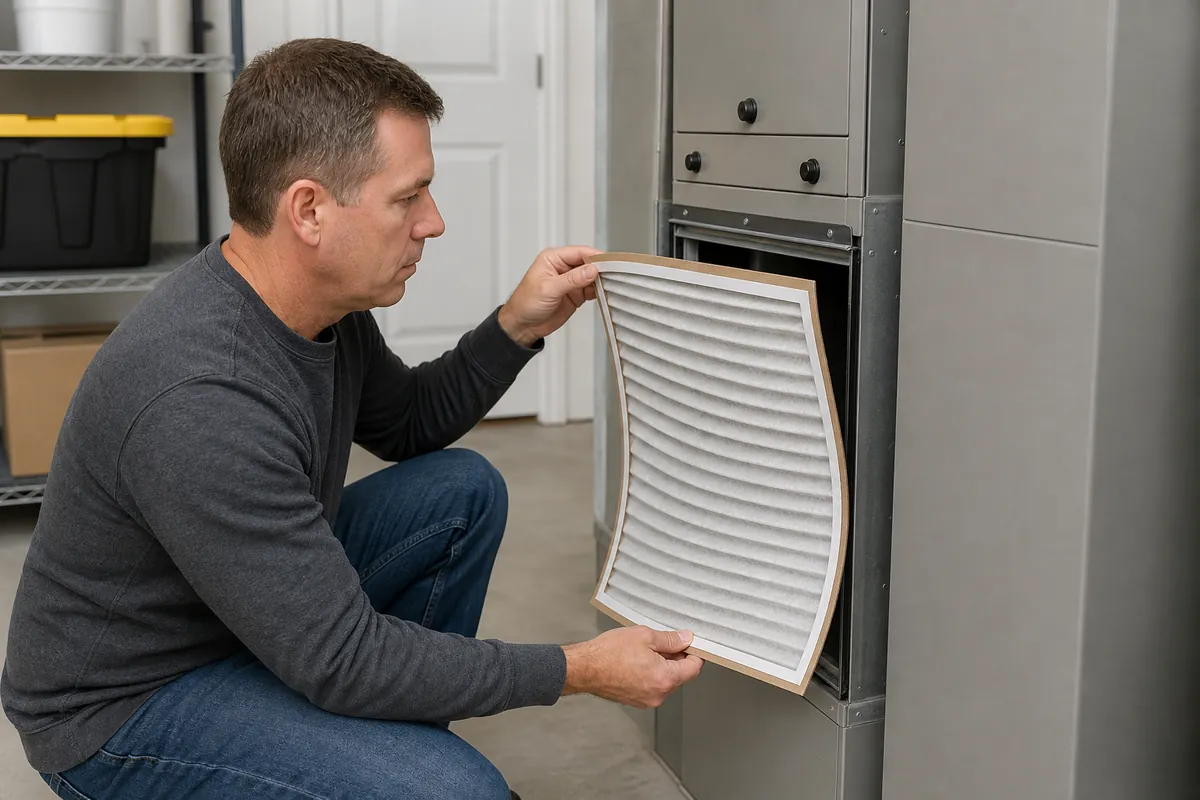 Homeowner examining a pleated HVAC filter with a frame bowed inward beside an accessible furnace filter slot.