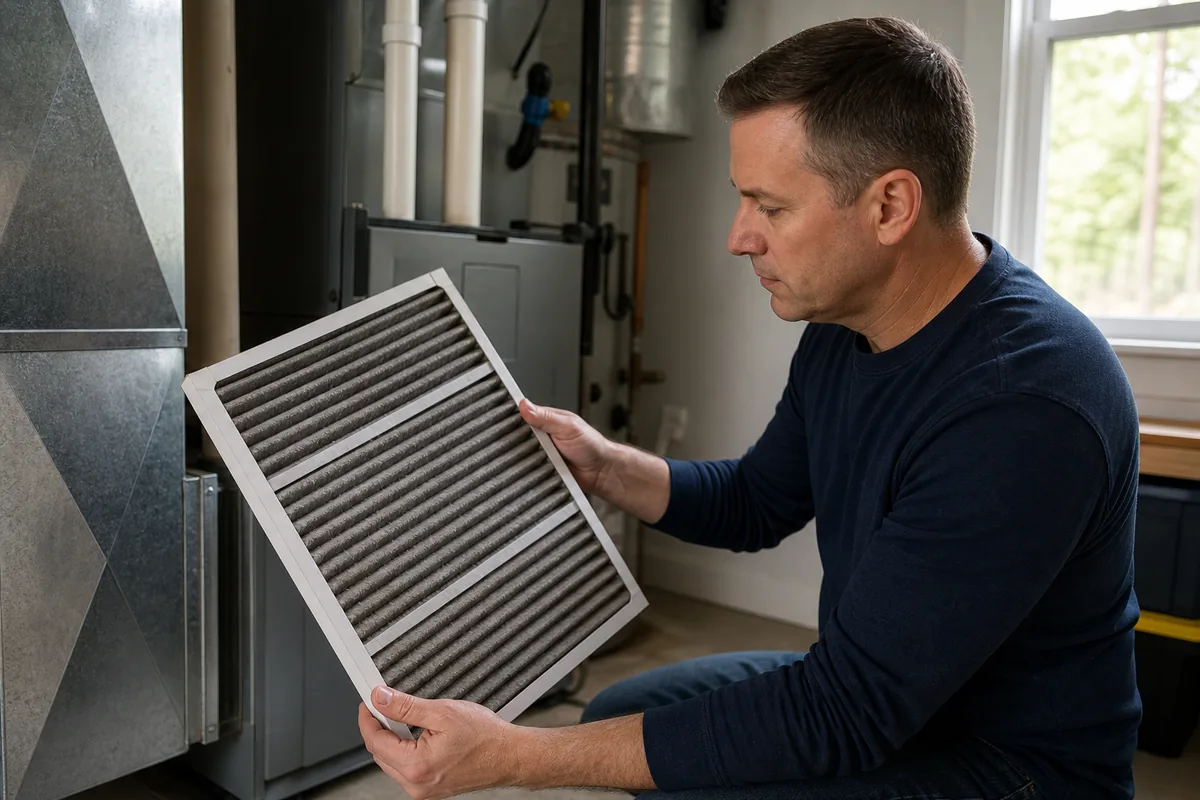 Homeowner calmly examining a dark gray pleated HVAC filter beside a residential furnace.